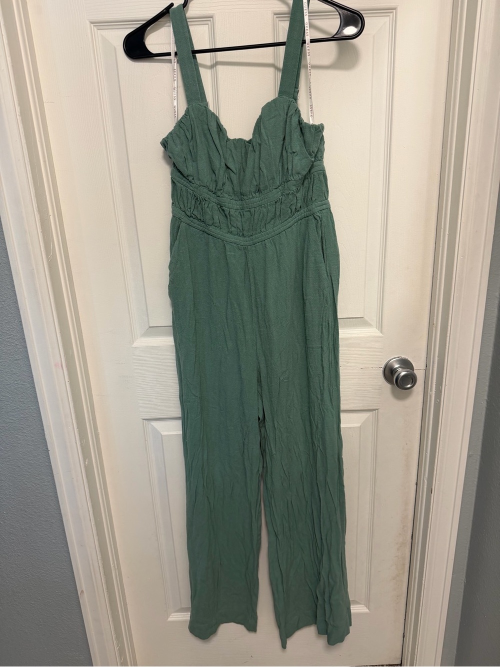 Guess Sage Green Wide-Leg Jumpsuit with Ruched Bodice